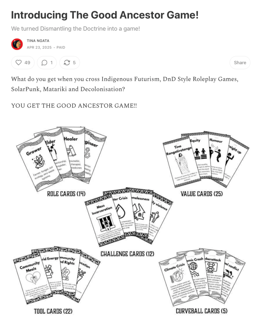 Screenshot of Tina Ngata's Substack post 'Introducing The Good Ancestor Game,' showing sample role, value, challenge, tool, and curveball cards from the game.